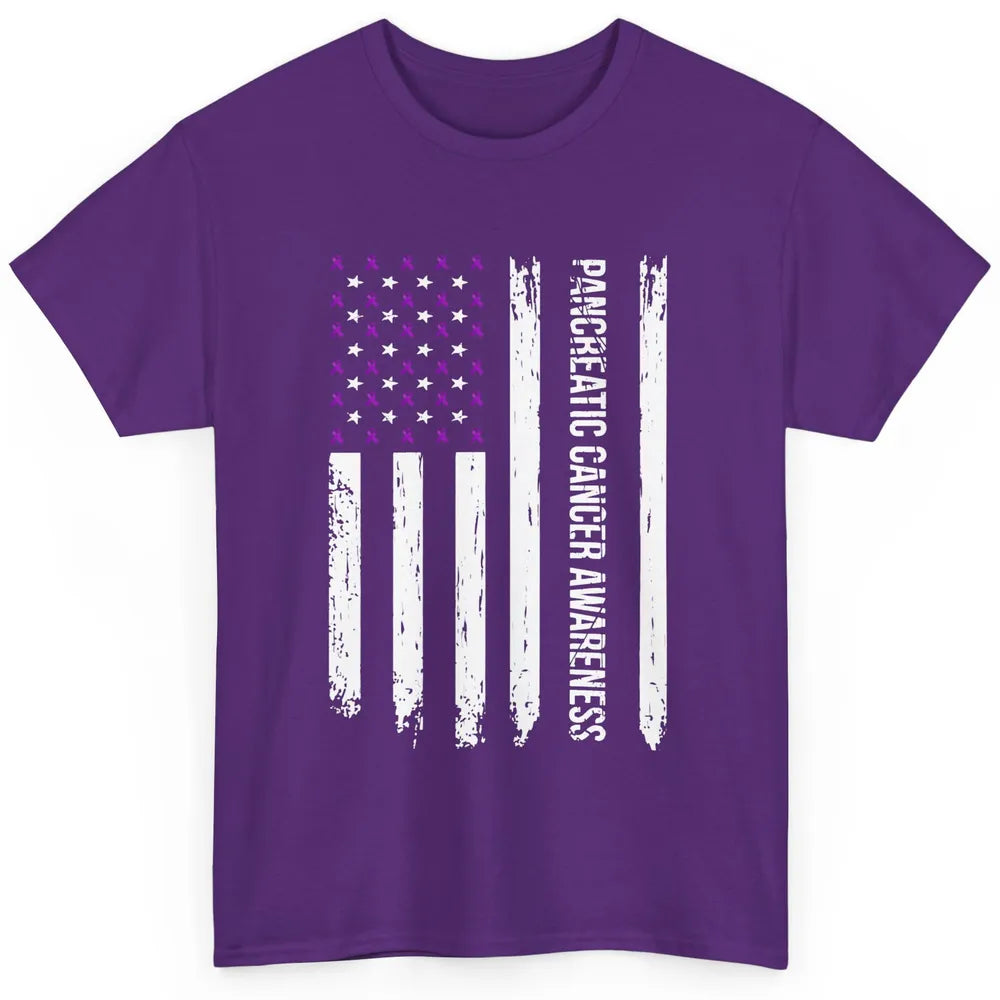 Vintage Pancreatic Cancer Awareness USA Flag Purple Ribbon Classic Unisex T-Shirt