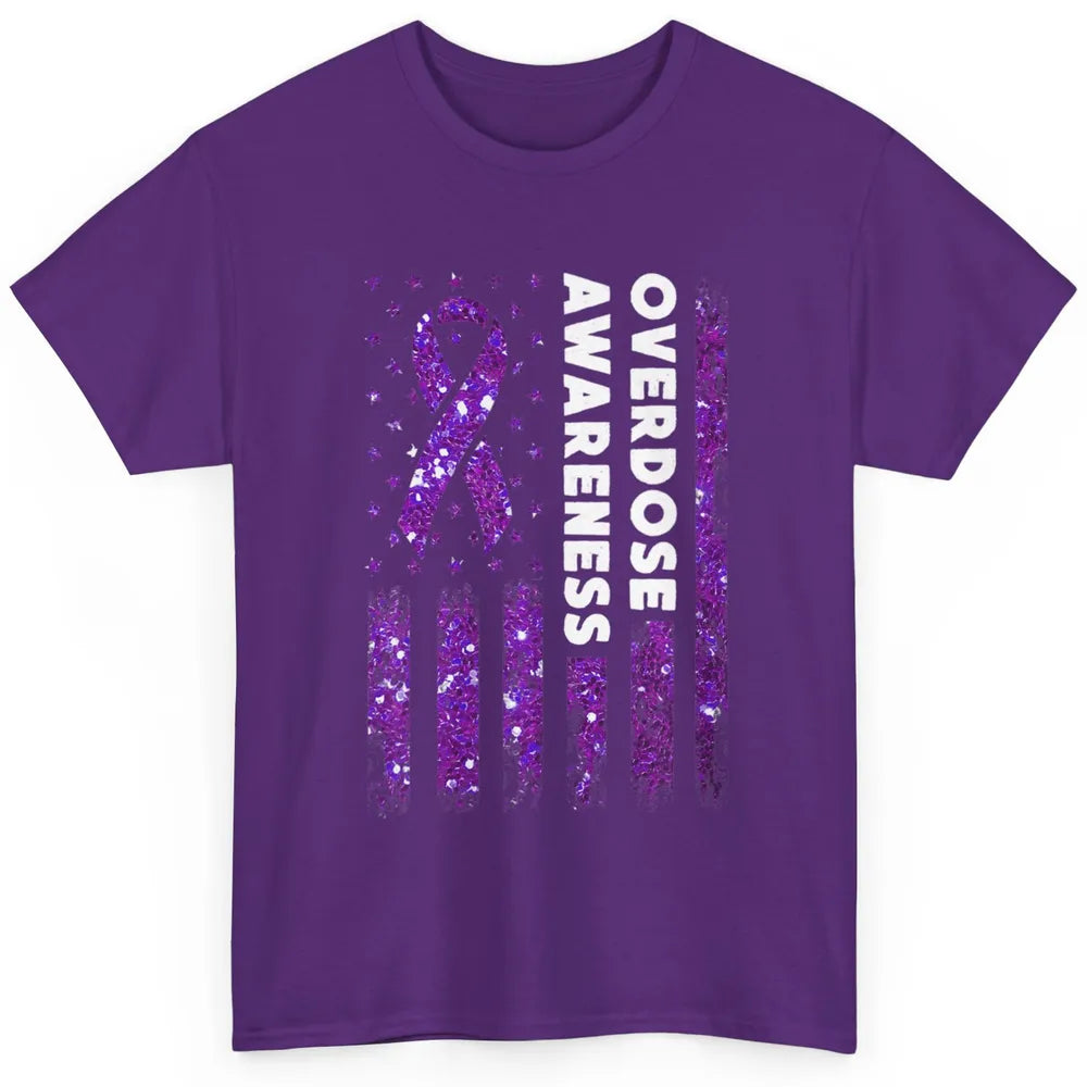 Overdose Awareness US Flag Purple Ribbon Addiction Warrior Classic Unisex T-Shirt