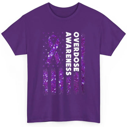 Overdose Awareness US Flag Purple Ribbon Addiction Warrior Classic Unisex T-Shirt
