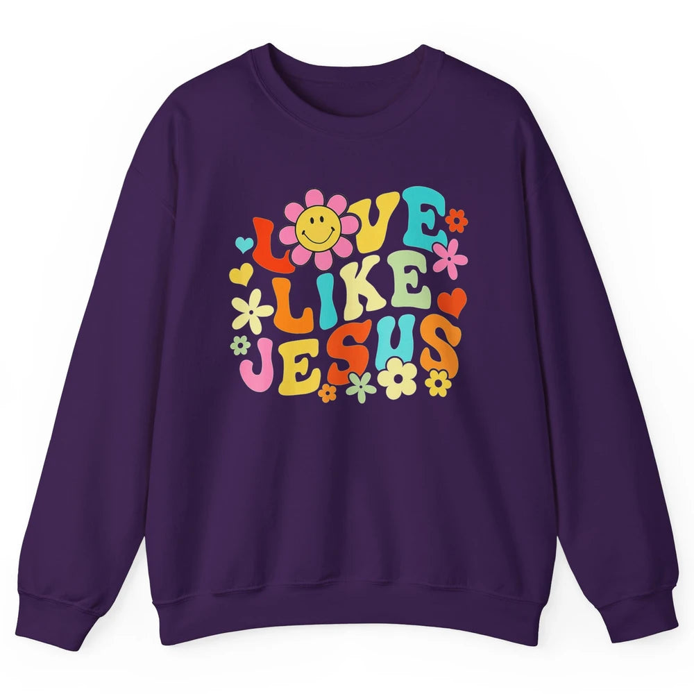 Retro Groovy Love Like Jesus Smiling Face Daisy Boho God Unisex Crewneck Sweatshirt