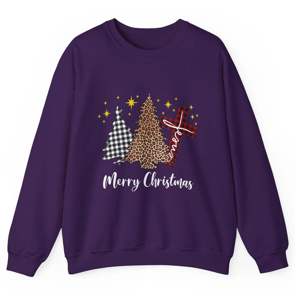 Merry Christmas Xmas Tree Cross Red Plaid Christian Leopard Unisex Crewneck Sweatshirt