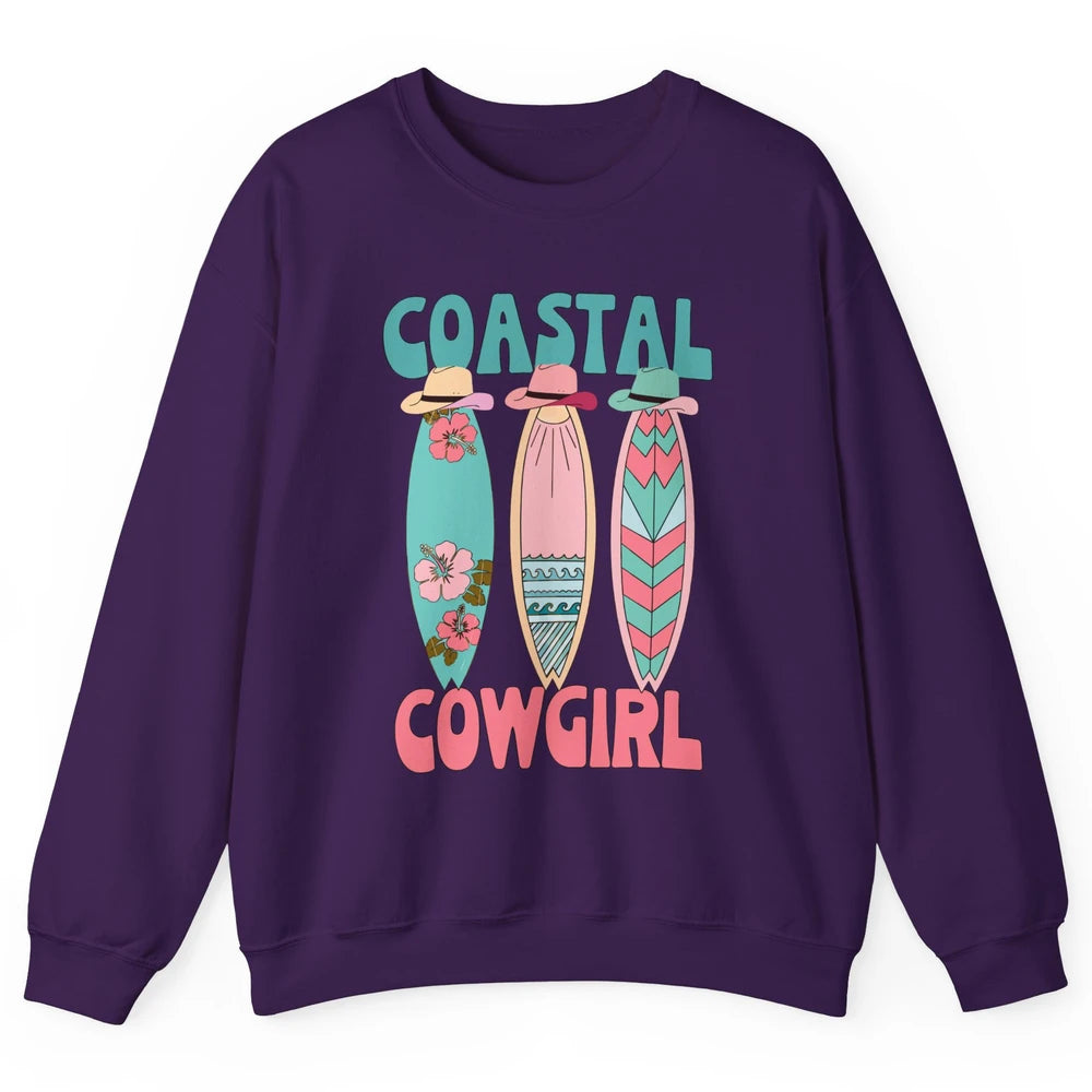 Retro Coastal Cowgirl Surfboards Western Cowgirl Beach Life Unisex Crewneck Sweatshirt