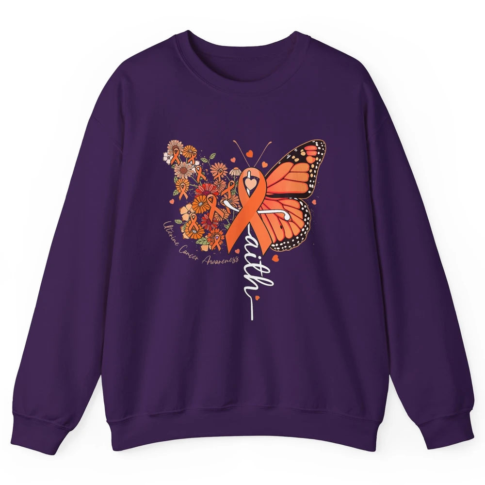 Peach Floral Butterfly Cross Faith Uterine Cancer Awareness Unisex Crewneck Sweatshirt