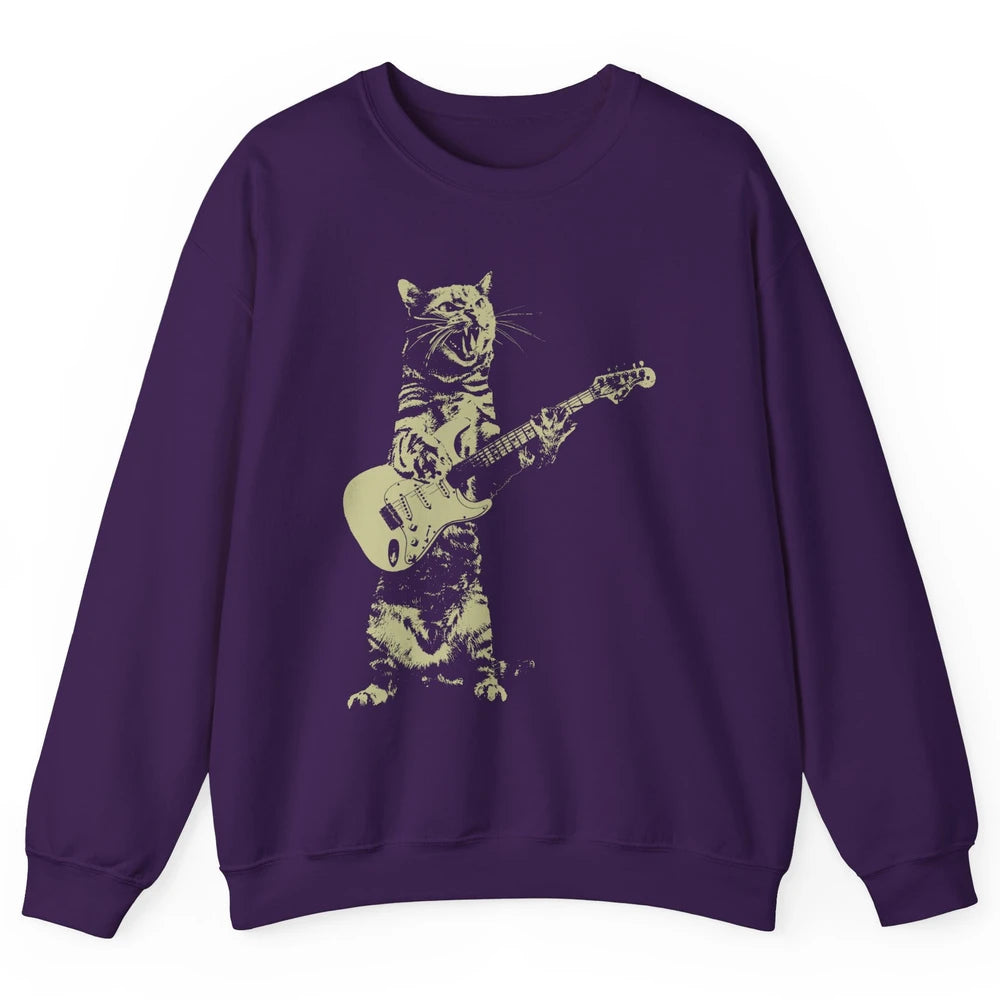 Retro Cat Playing Guitar Cat Guitarist Music Lovers Cat Mom Unisex Crewneck Sweatshirt
