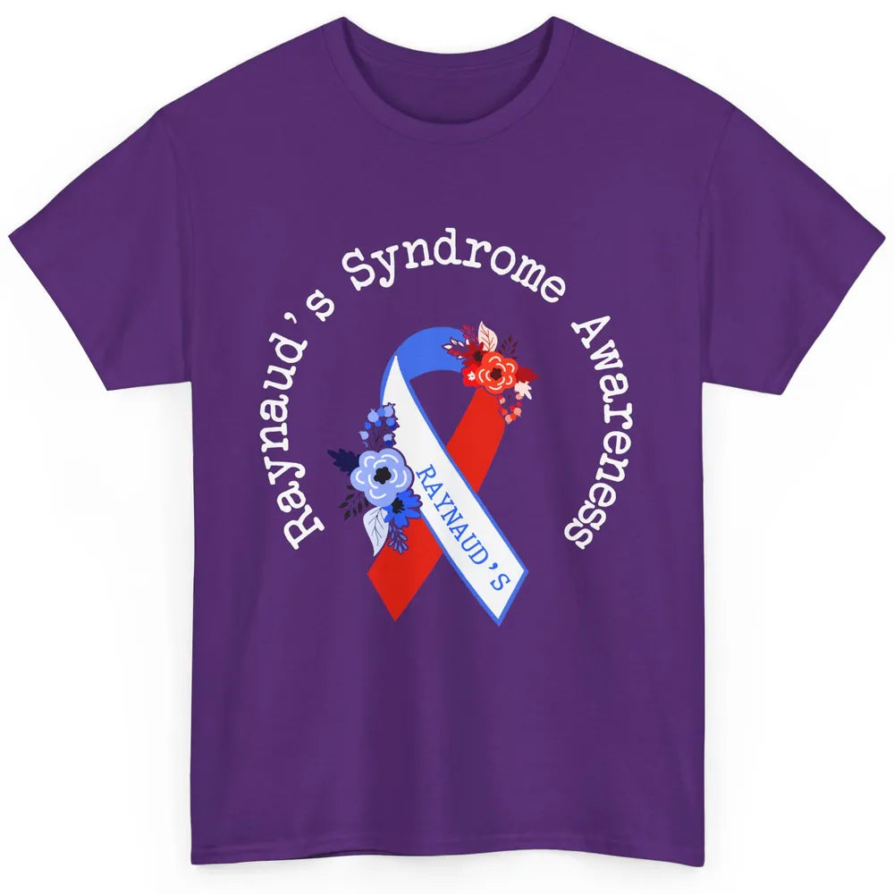 Raynaud's Syndrome Awareness Support Floral Red Blue Ribbon Classic Unisex T-Shirt