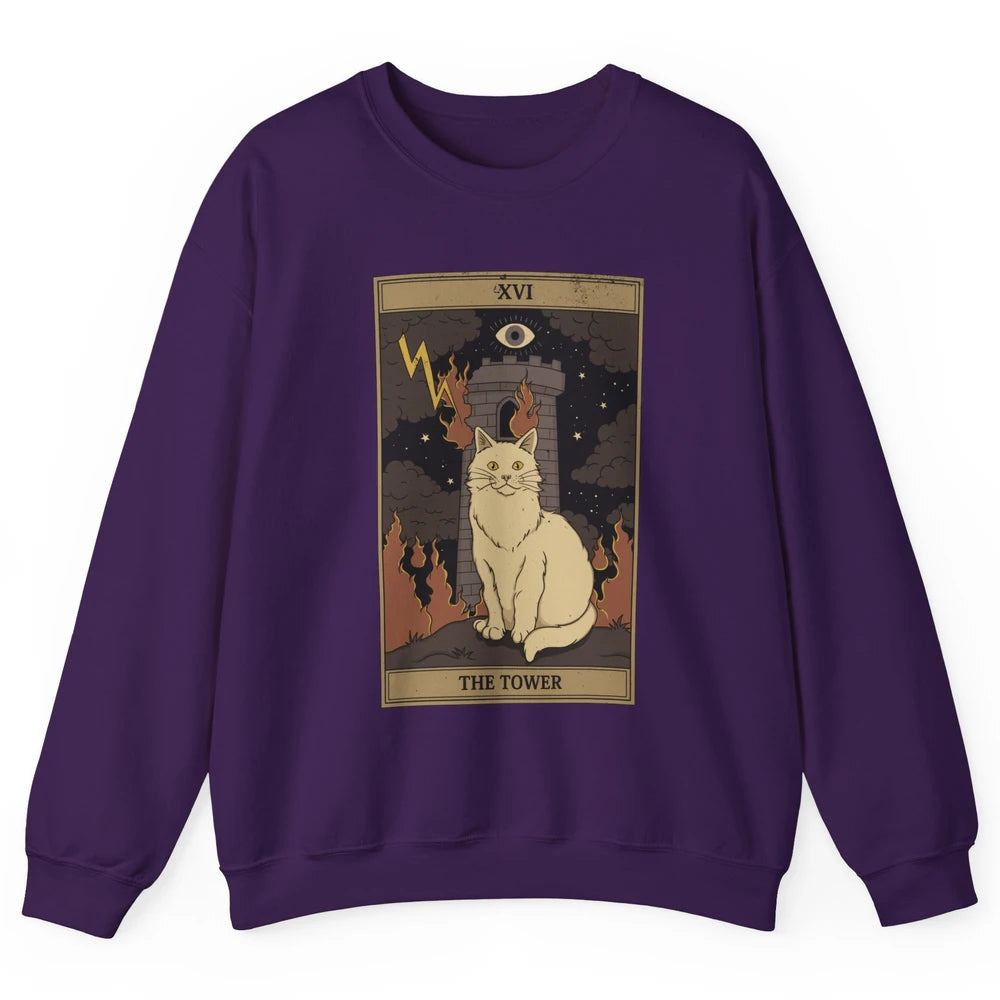 Retro Halloween Cat Witch The Tower Tarot Card Witchcraft Unisex Crewneck Sweatshirt