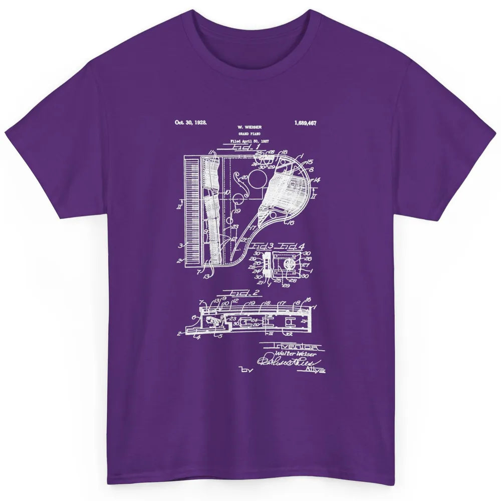 Piano Patent Style Vintage Grand Pianist Line Art Drawing Classic Unisex T-Shirt