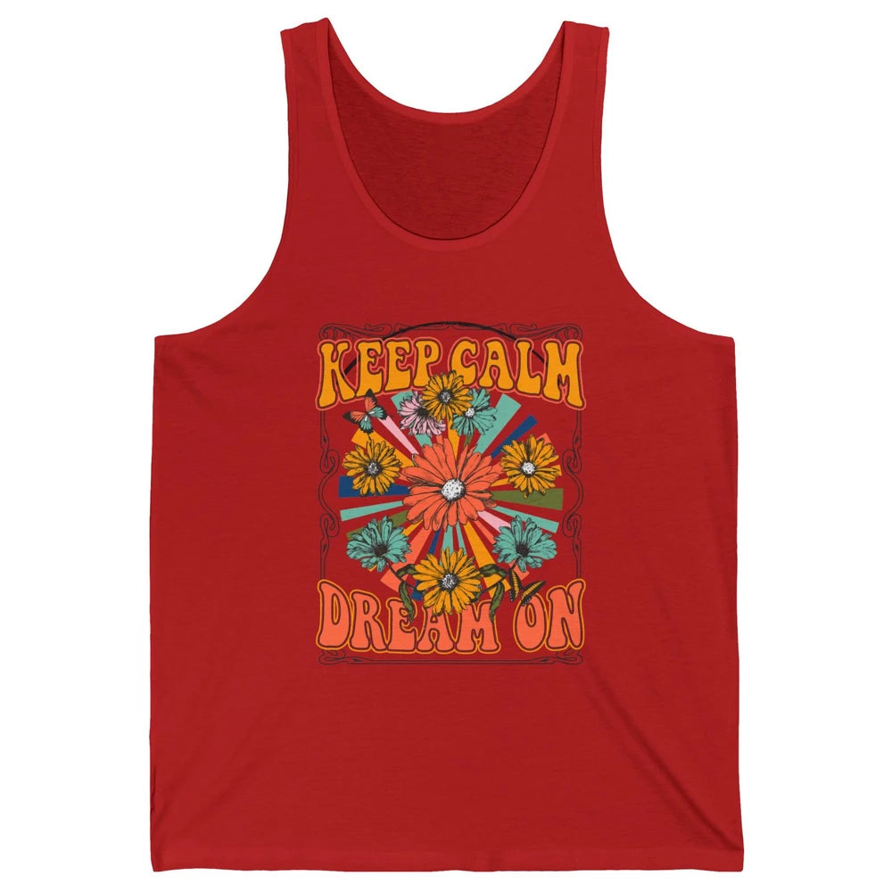Retro Floral Rainbow Keep Calm Dream On Peace Hippie Girl Unisex Jersey Tank