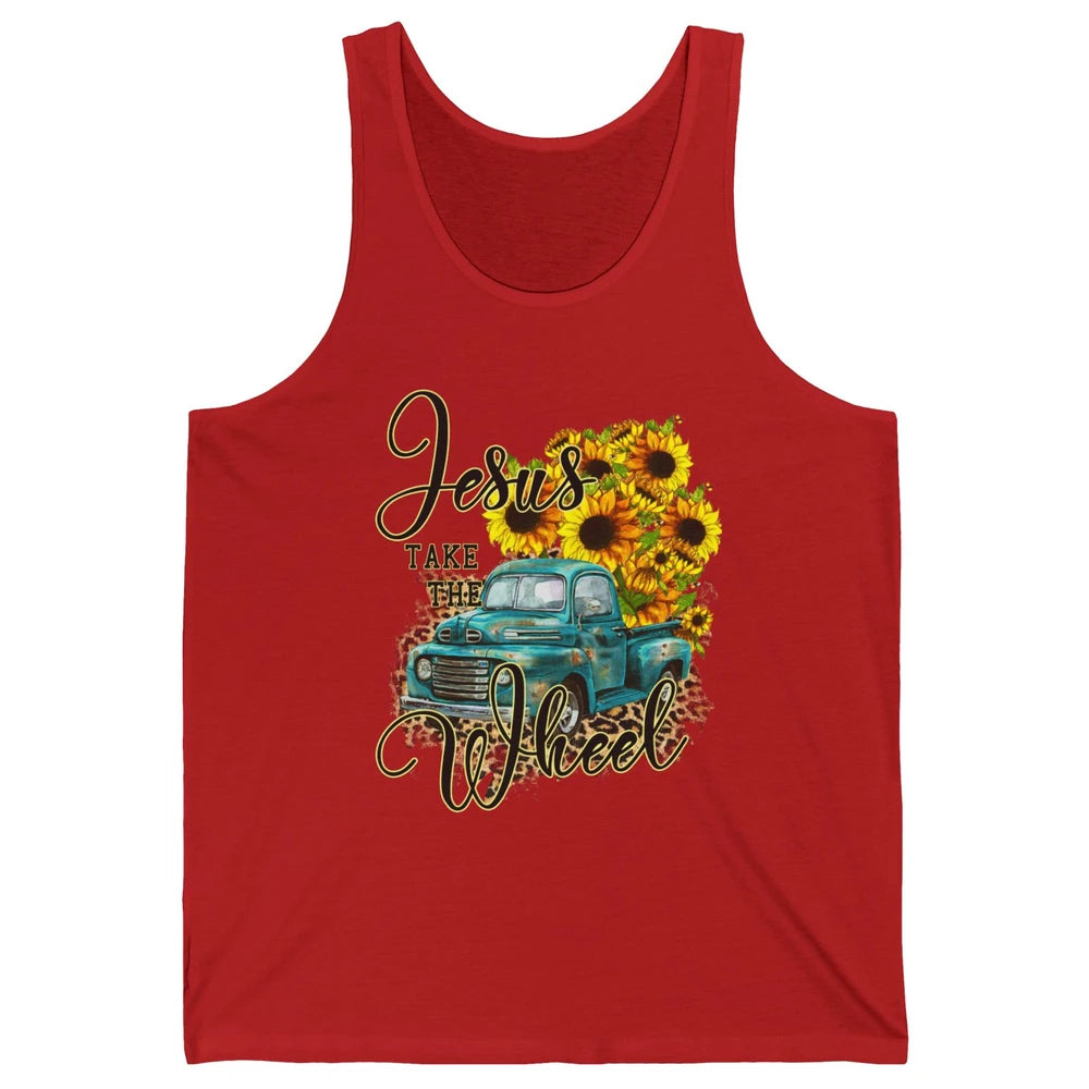Sunflower Jesus Take The Wheel Christian Gift Leopard Print Unisex Jersey Tank