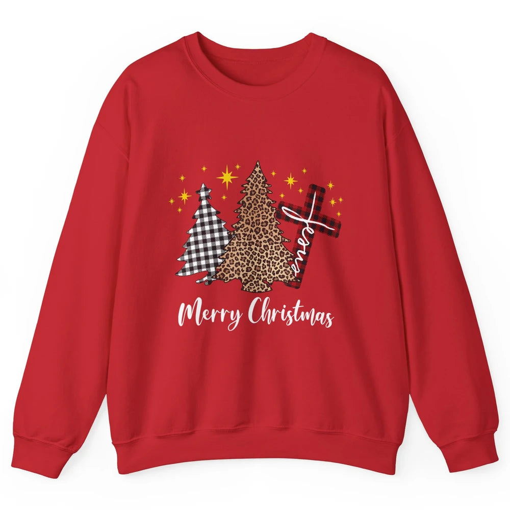 Merry Christmas Xmas Tree Cross Red Plaid Christian Leopard Unisex Crewneck Sweatshirt