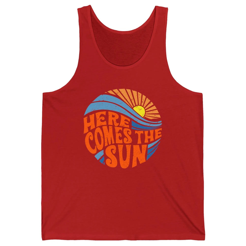 Retro Rainbow Sunrise Here Comes The Sun Hippie Girl Unisex Jersey Tank