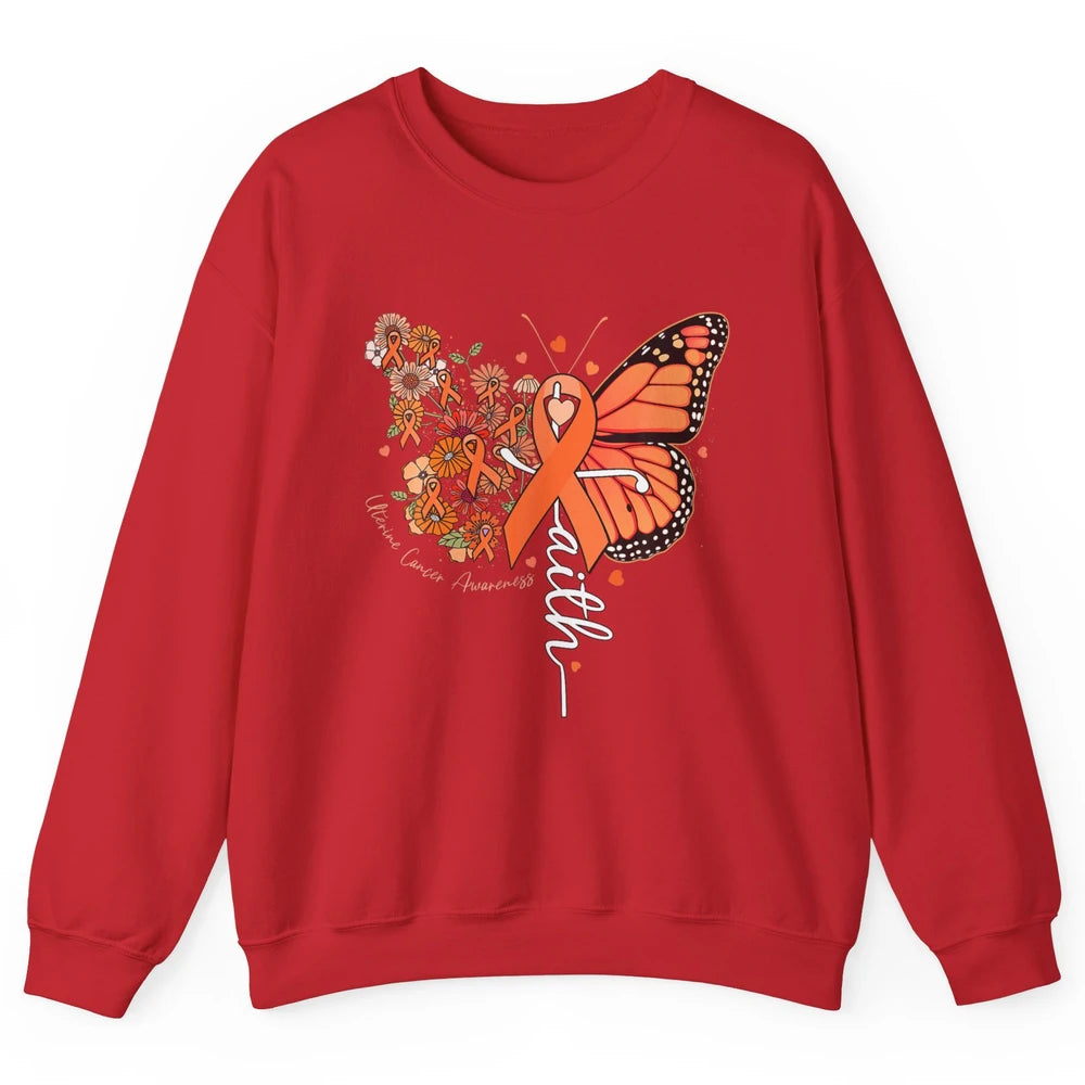 Peach Floral Butterfly Cross Faith Uterine Cancer Awareness Unisex Crewneck Sweatshirt