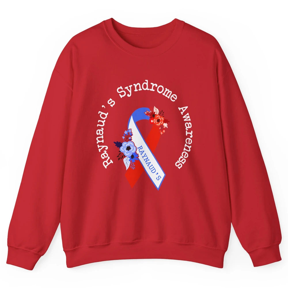 Raynaud's Syndrome Awareness Support Floral Red Blue Ribbon Unisex Crewneck Sweatshirt