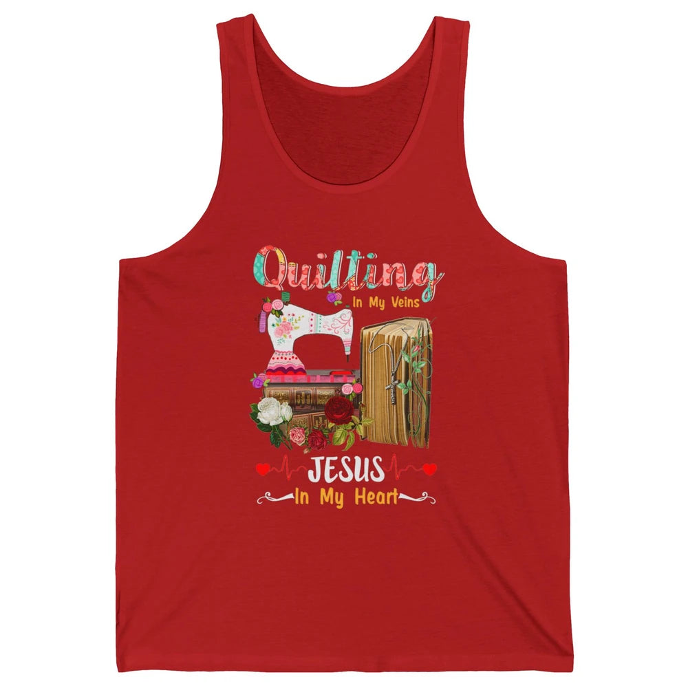 Quilting In My Veins Jesus In Heart Christian Retro Quilt Unisex Jersey Tank