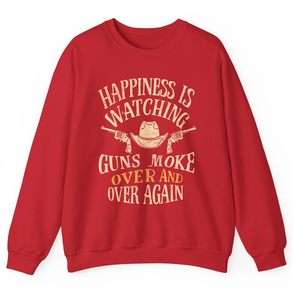Happiness Is Watching Gunsmoke Over Retro Cowboy Hat Rodeo Howdy Western Country Unisex Crewneck Sweatshirt