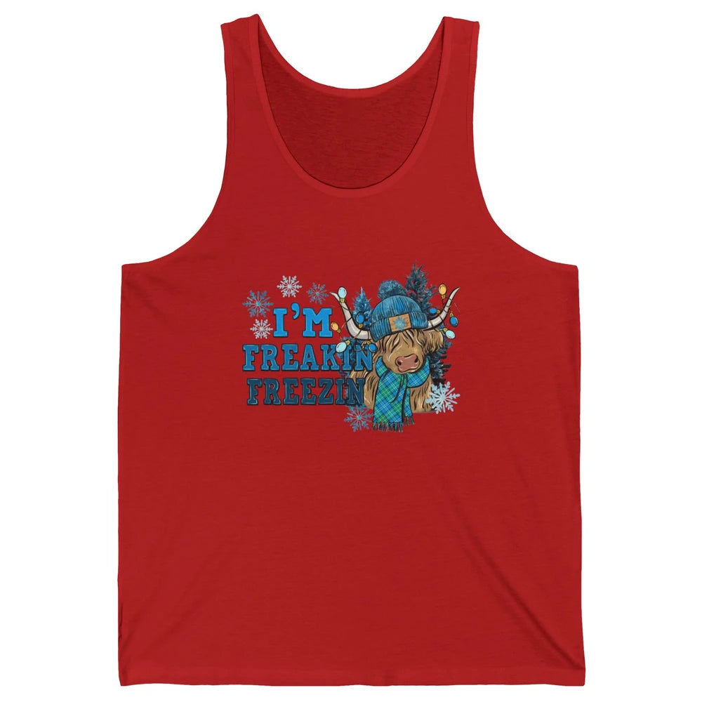 Funny Christmas Highland Cow I'm Freaking Freezing Western Unisex Jersey Tank