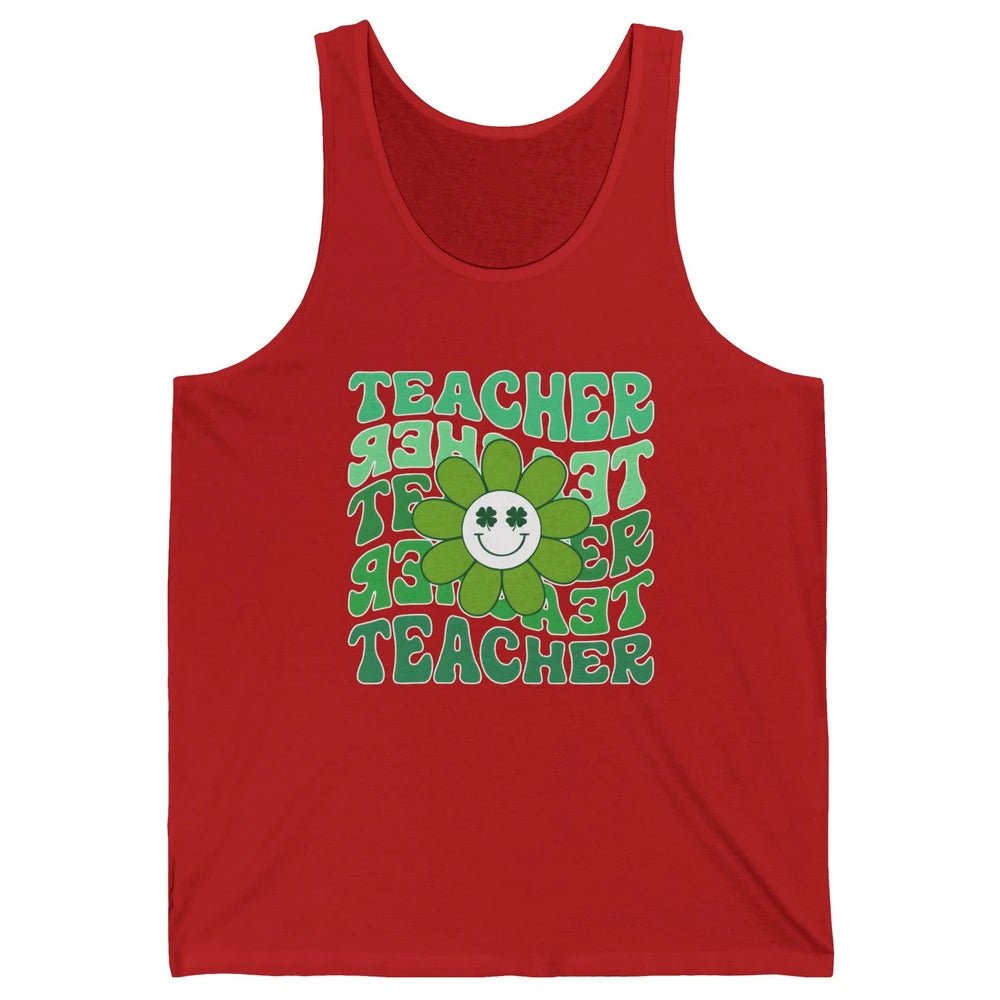 Retro Groovy Wavy Teacher Smiling Face Daisy St Patricks Day Unisex Jersey Tank