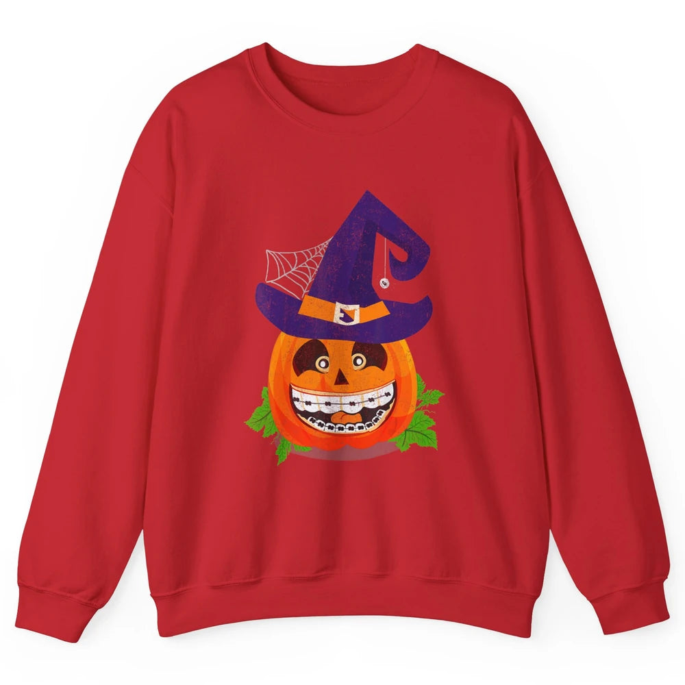 Pumpkin Witch Teeth Braces Dental Dentist Halloween Spooky Unisex Crewneck Sweatshirt