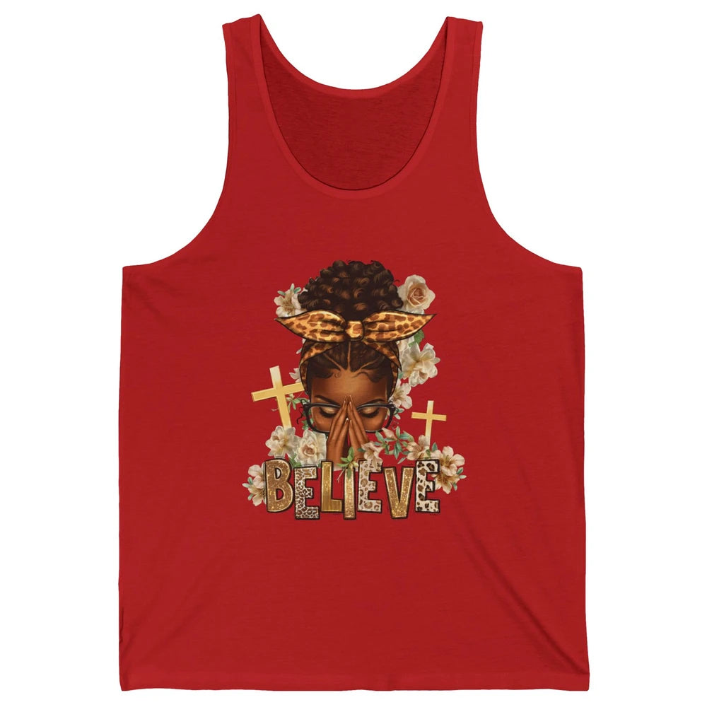 Floral Leopard Afro Messy Bun Believe Christian Religious Unisex Jersey Tank