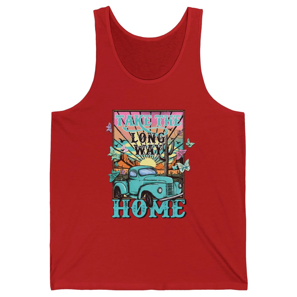 Retro Mountain Sunset Take The Long Way Home Western Country Unisex Jersey Tank