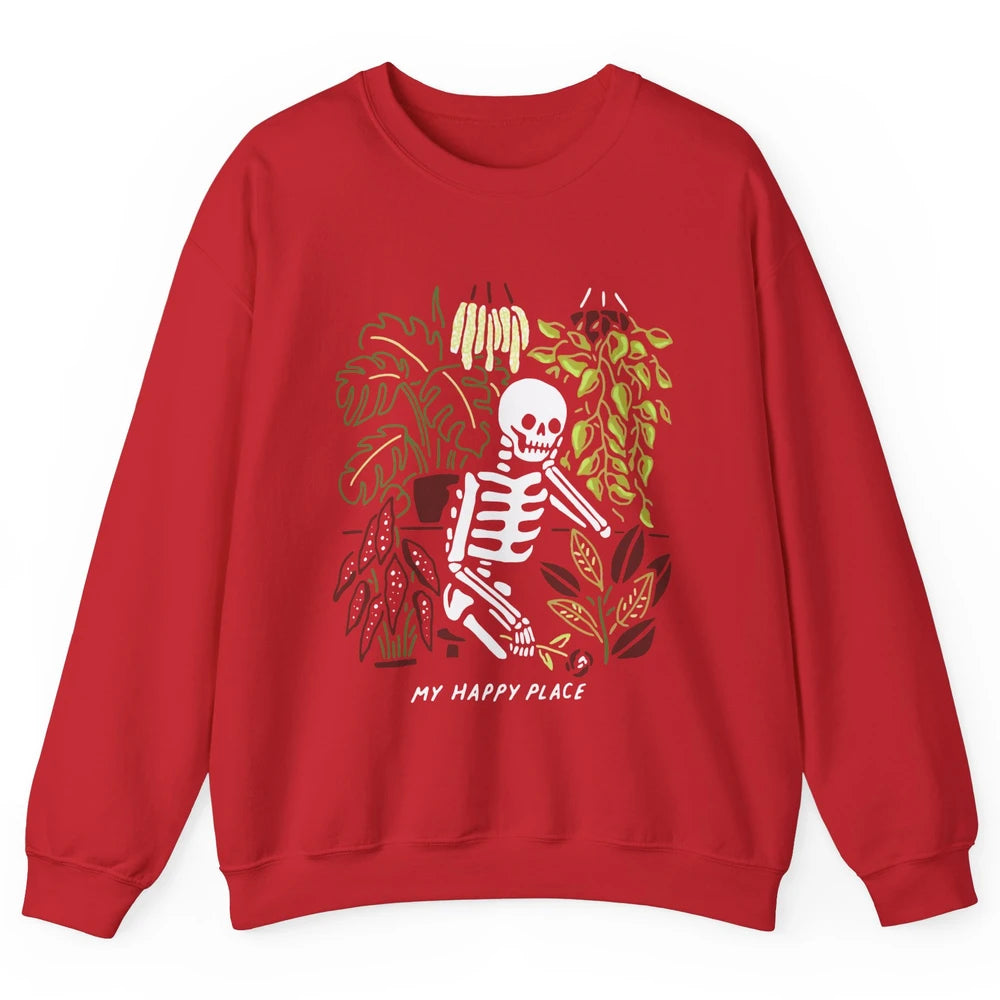 Retro Funny Skeleton Gardening My Happy Place Plant Lovers Unisex Crewneck Sweatshirt
