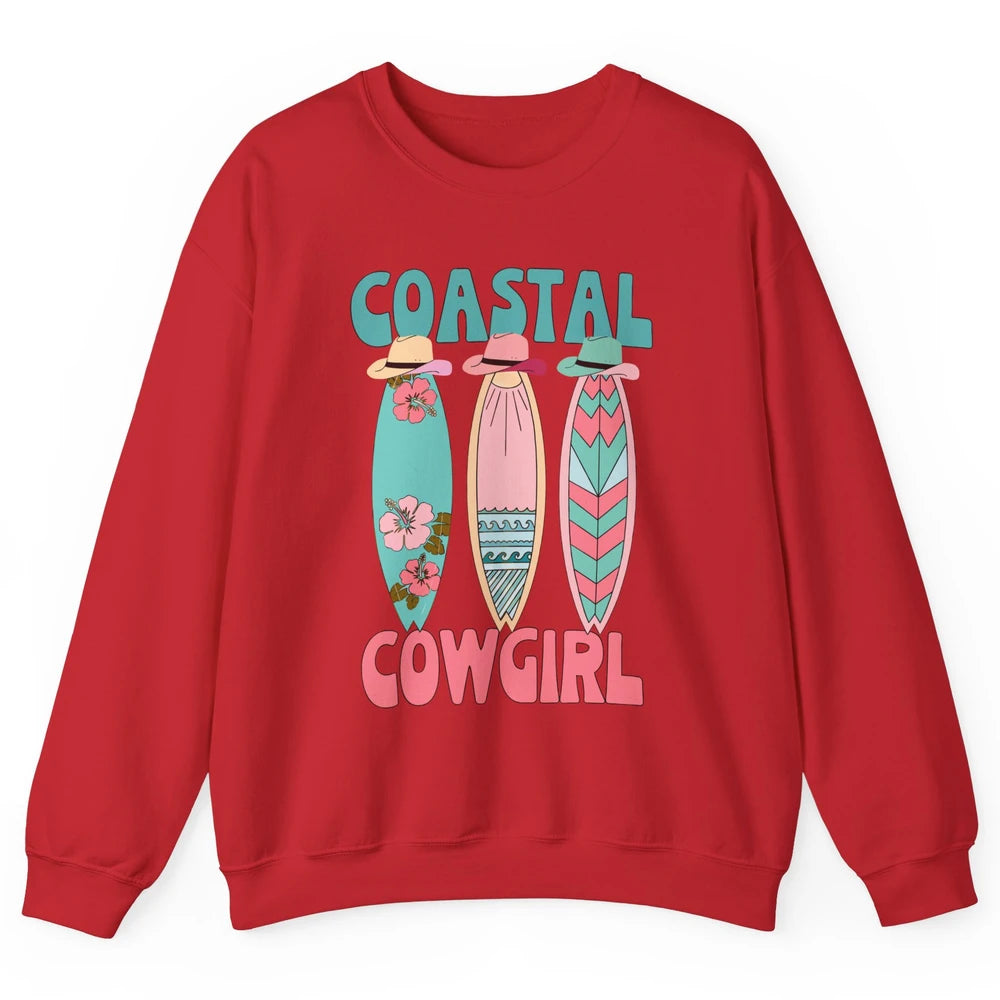 Retro Coastal Cowgirl Surfboards Western Cowgirl Beach Life Unisex Crewneck Sweatshirt