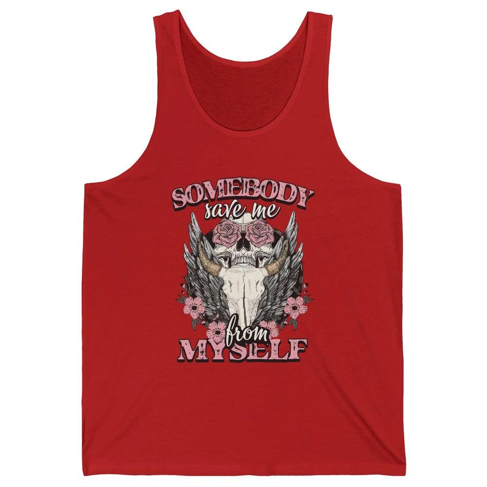 Retro Floral Bull Skull Somebody Save Me From Myself Western Unisex Jersey Tank