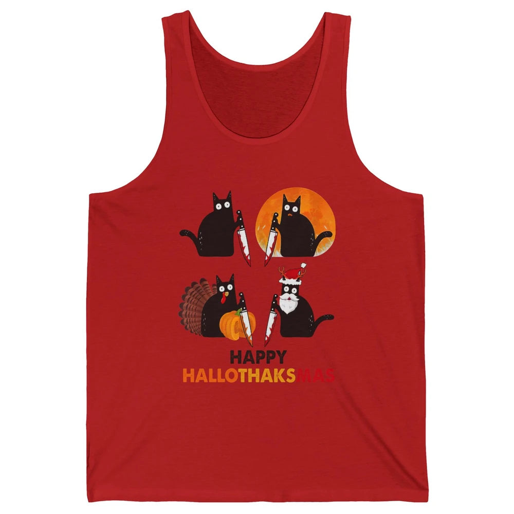 Funny Murderous Cat Turkey Hallo-thank-mas Thanksgiving Xmas Unisex Jersey Tank