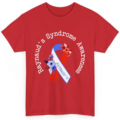 Raynaud's Syndrome Awareness Support Floral Red Blue Ribbon Classic Unisex T-Shirt