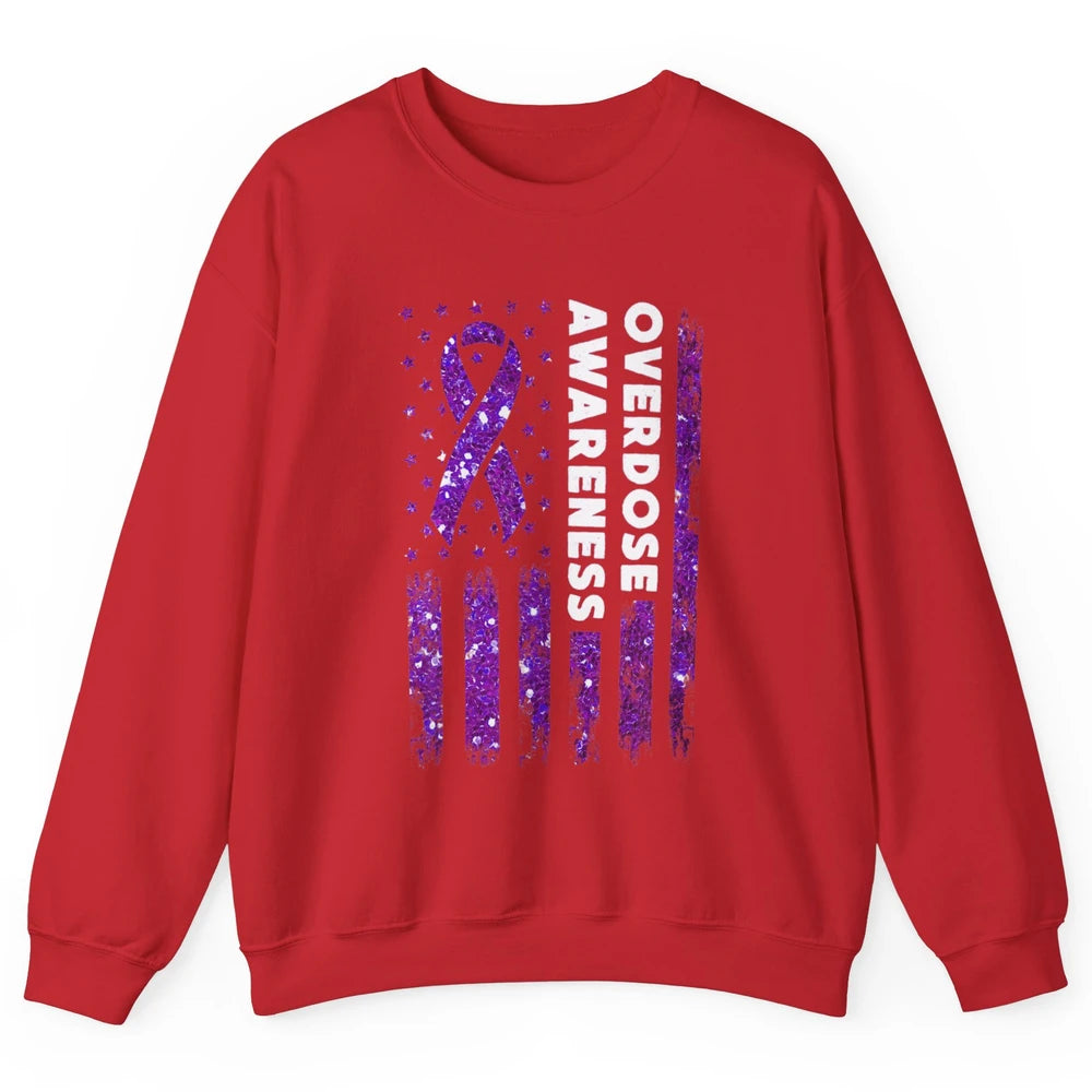 Overdose Awareness US Flag Purple Ribbon Addiction Warrior Unisex Crewneck Sweatshirt