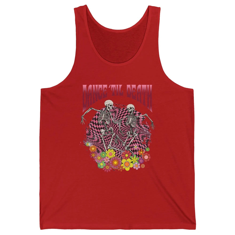 Retro Dancing Skeletons Dance Til Death Groovy Daisy Floral Unisex Jersey Tank