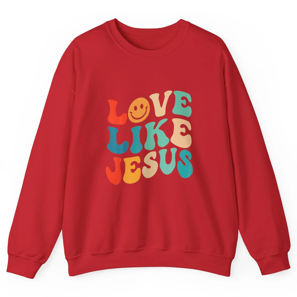 Retro Groovy Love Like Jesus Smiling Face Christ Faith God Unisex Crewneck Sweatshirt
