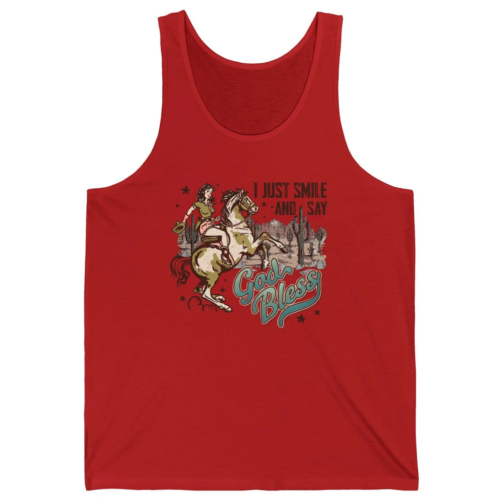 Retro Cowgirl Horsing I Just Smile And Say God Bless Western Unisex Jersey Tank