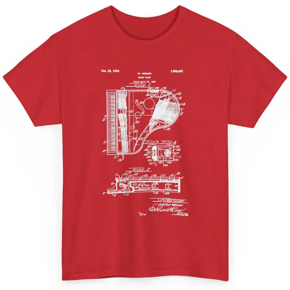 Piano Patent Style Vintage Grand Pianist Line Art Drawing Classic Unisex T-Shirt