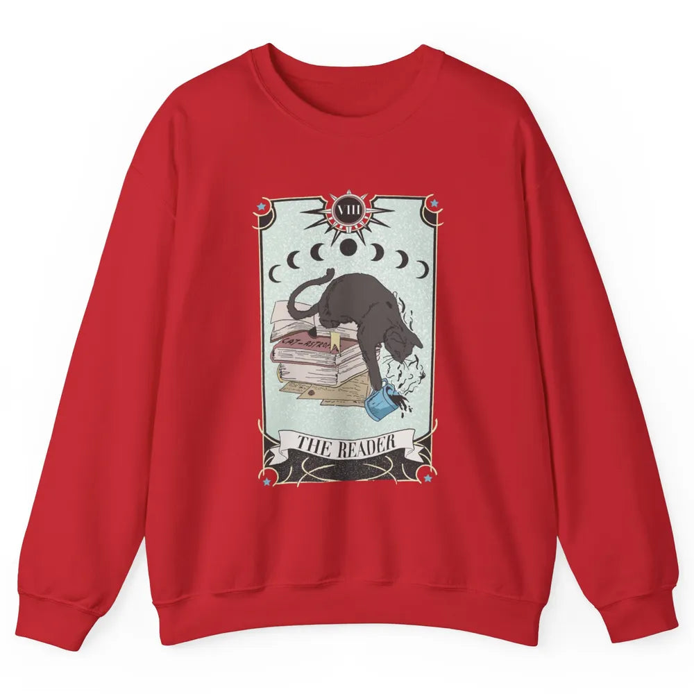 Retro Black Cat Books The Reader Tarot Card Halloween Reading Book Crescent Moon Unisex Crewneck Sweatshirt