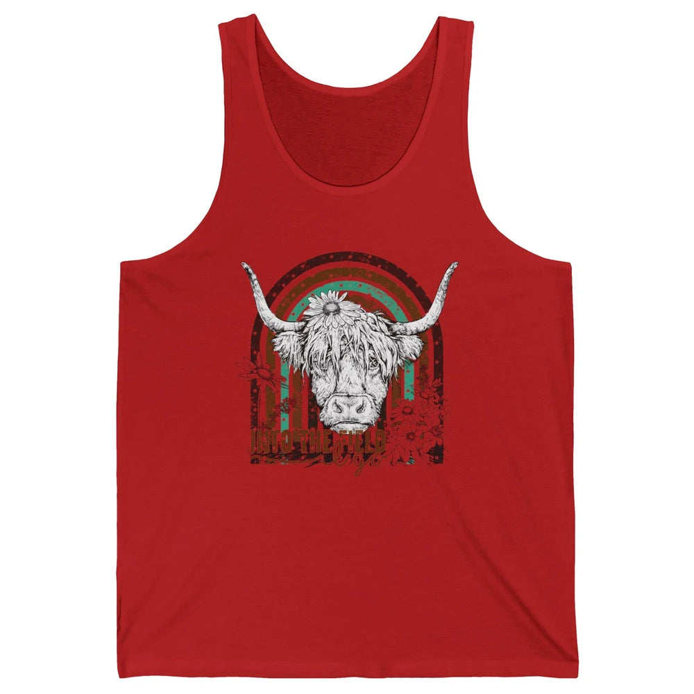 Retro Highland Cow Western Rainbow Into The Field I Go Unisex Jersey Tank