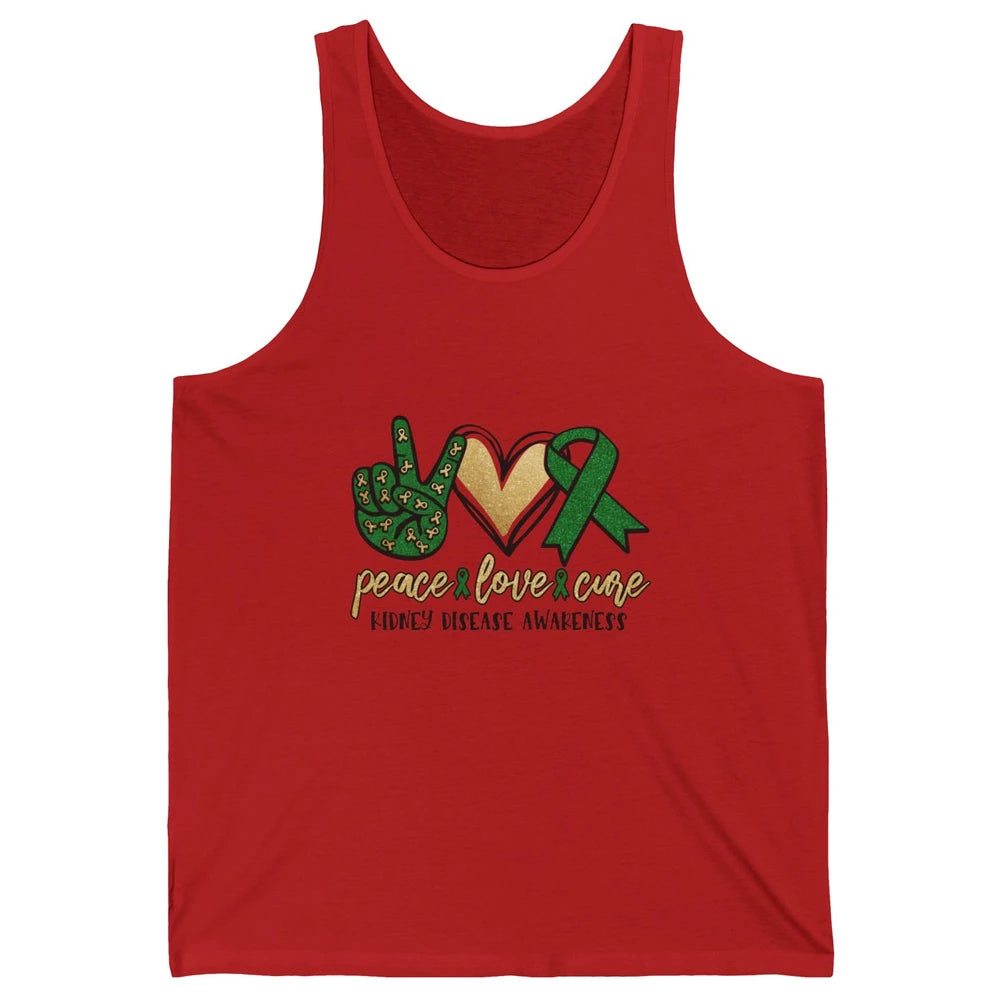 Peace Love Cure Kidney Disease Awareness Green Ribbon Heart Unisex Jersey Tank