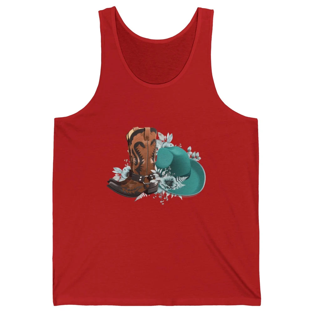 Retro Cowgirl Floral Turquoise Cowboy Boots Rodeo Western Unisex Jersey Tank