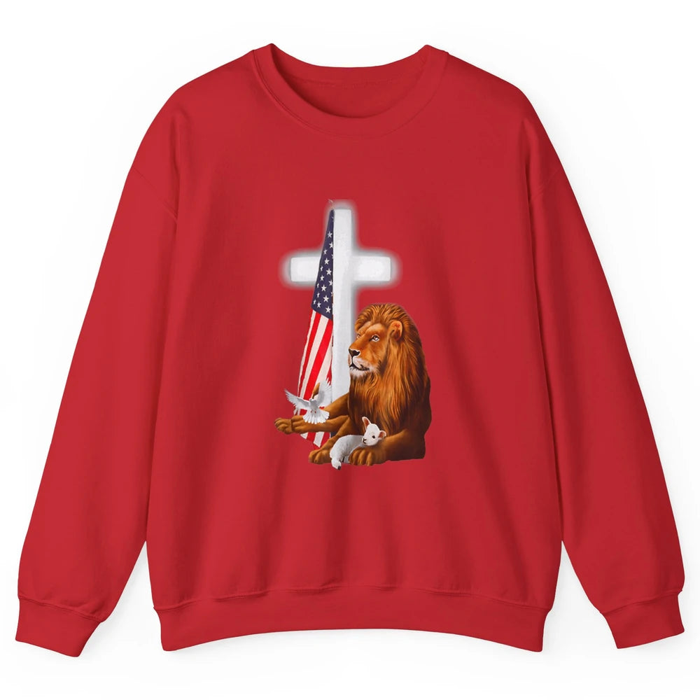Patriotic Christian Lamb Bible Verse Lion Cross Religious Unisex Crewneck Sweatshirt