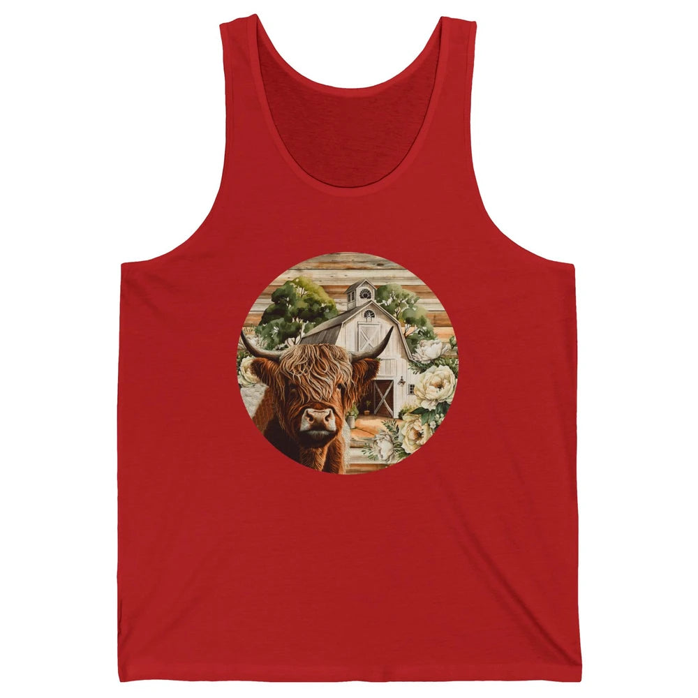 Retro Farm Highland Cow Barn House Western Country Farmer Unisex Jersey Tank