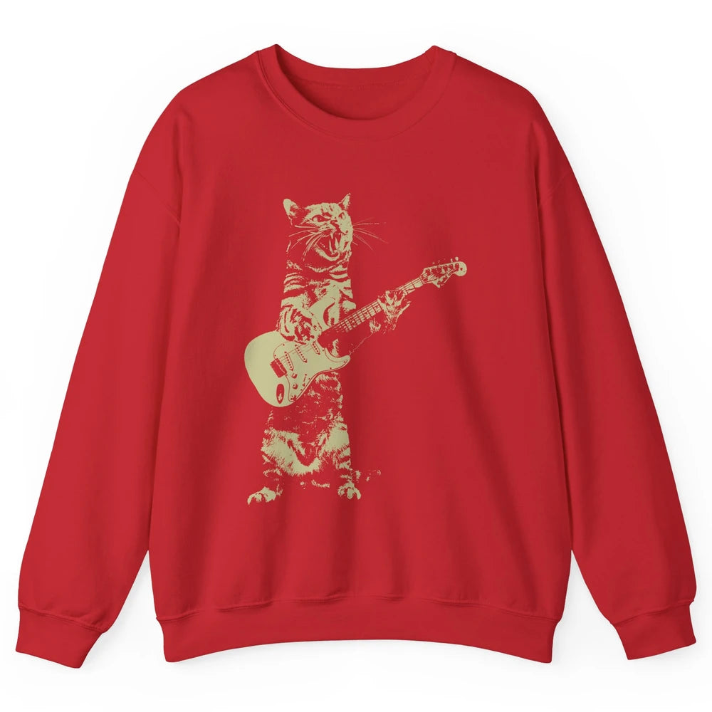 Retro Cat Playing Guitar Cat Guitarist Music Lovers Cat Mom Unisex Crewneck Sweatshirt