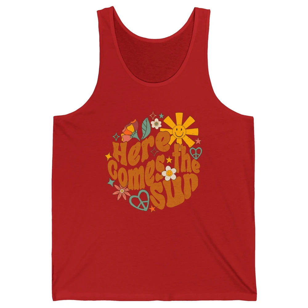 Retro Daisy Rainbow Sunrise Here Comes The Sun Hippie Girl Unisex Jersey Tank