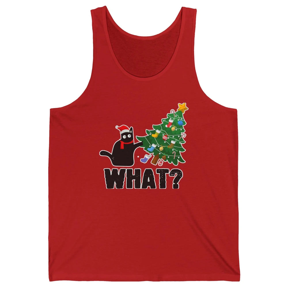Black Cat Pushing Christmas Tree What Xmas Lights Santa Hat Unisex Jersey Tank