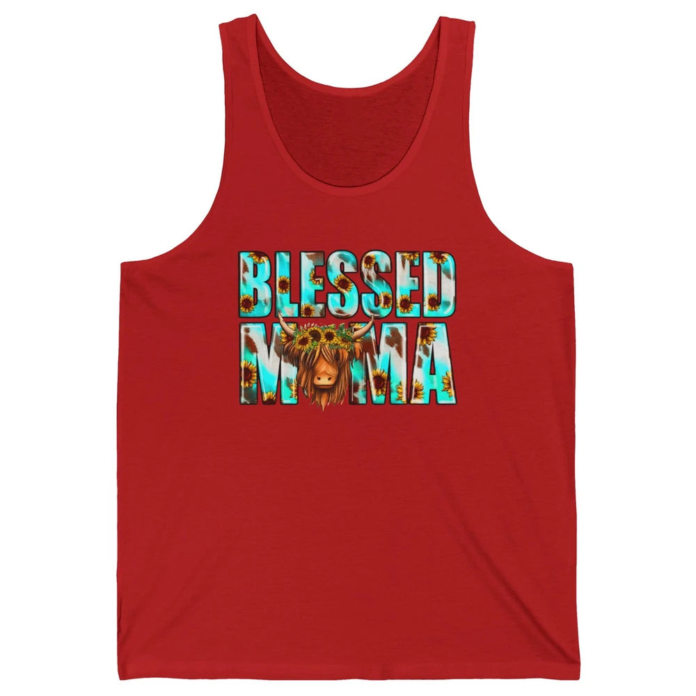 Retro Sunflower Highland Cow Blessed Mama Western Cow Mama Unisex Jersey Tank