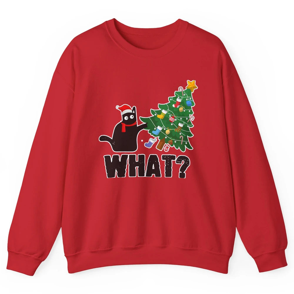 Black Cat Pushing Christmas Tree What Xmas Lights Santa Hat Unisex Crewneck Sweatshirt