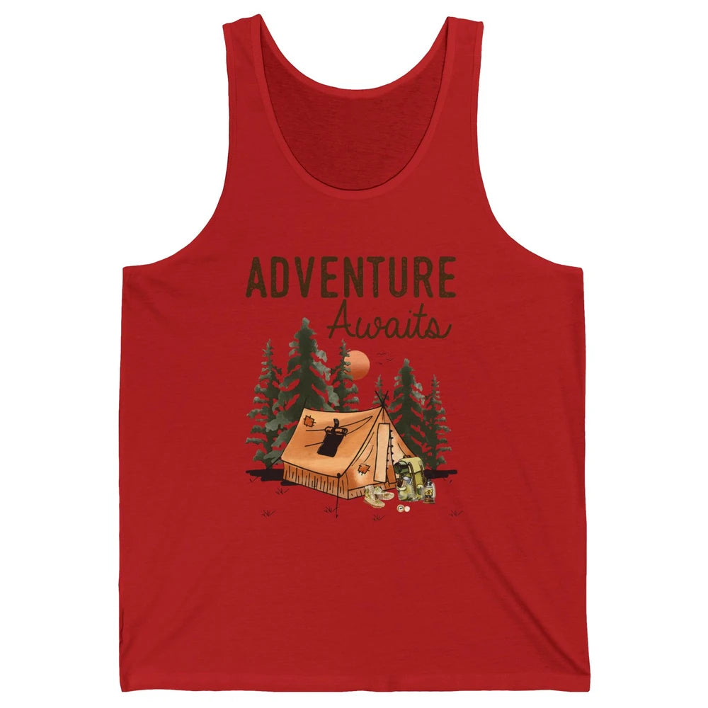 Retro Camping Tent Mountain Sunset Adventure Awaits Campers Unisex Jersey Tank