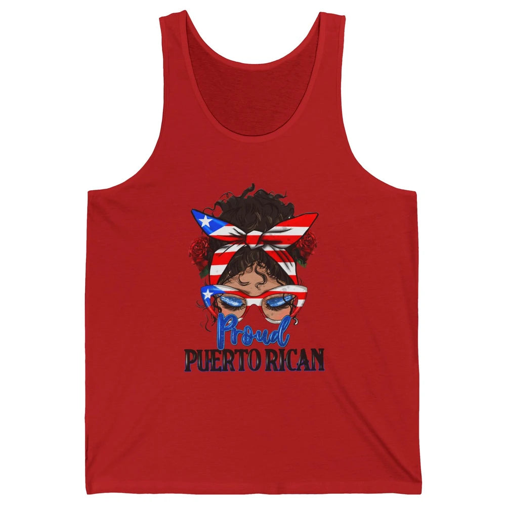 Proud Puerto Rican Girl Messy Bun Hair Puerto Rico Flag Unisex Jersey Tank