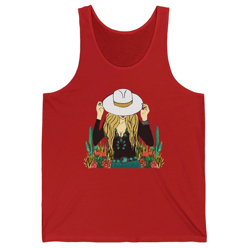 Retro Blonde Cowgirl Punchy Cowhide Turquoise Western Cowboy Unisex Jersey Tank
