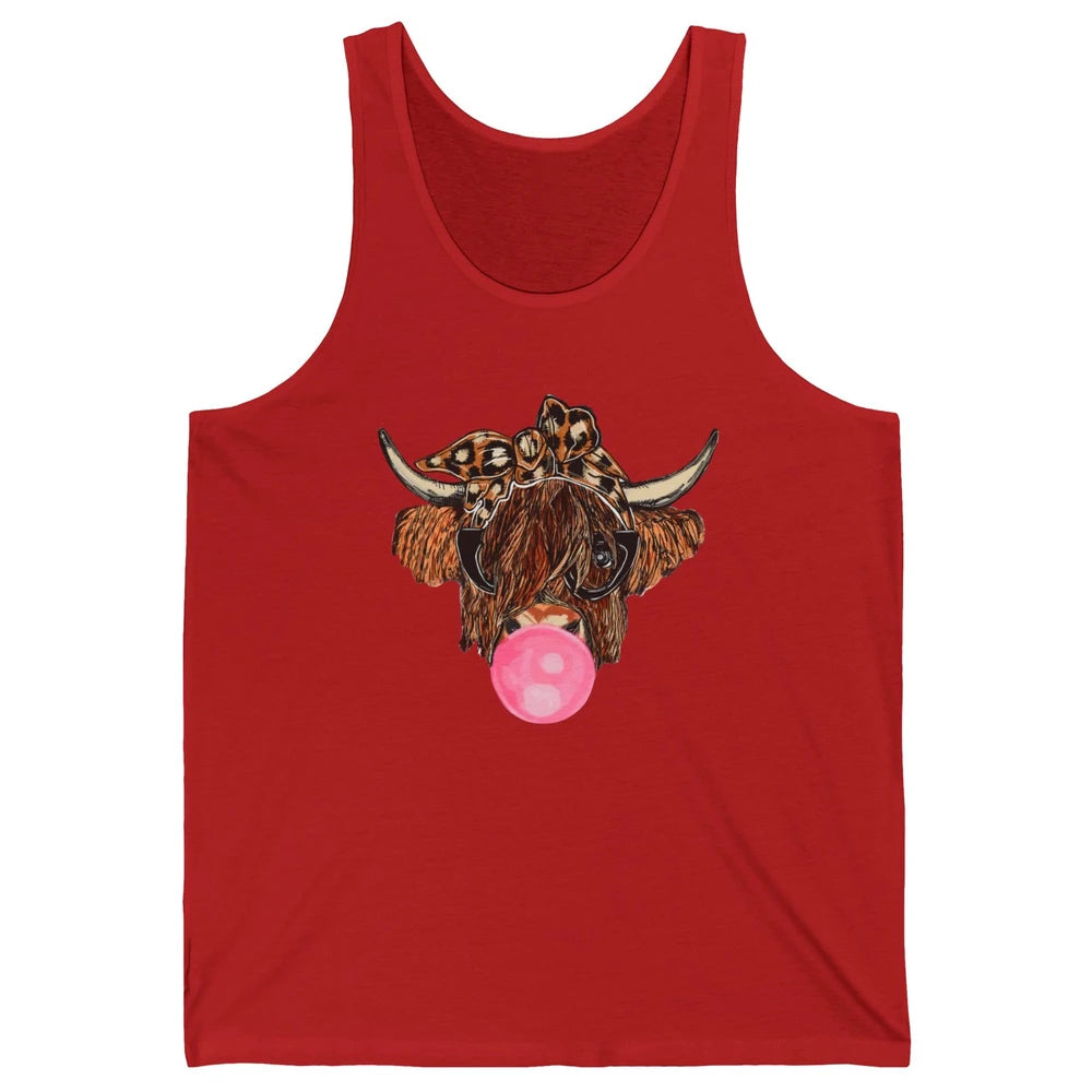 Highland Cow Leopard Bandana Glasses Bubble Gum Western Gift Unisex Jersey Tank