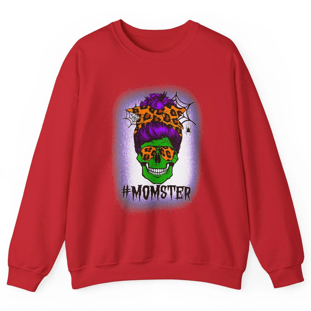 Retro Momster Messy Bun Skull Mom Halloween Spooky Mama Goth Unisex Crewneck Sweatshirt